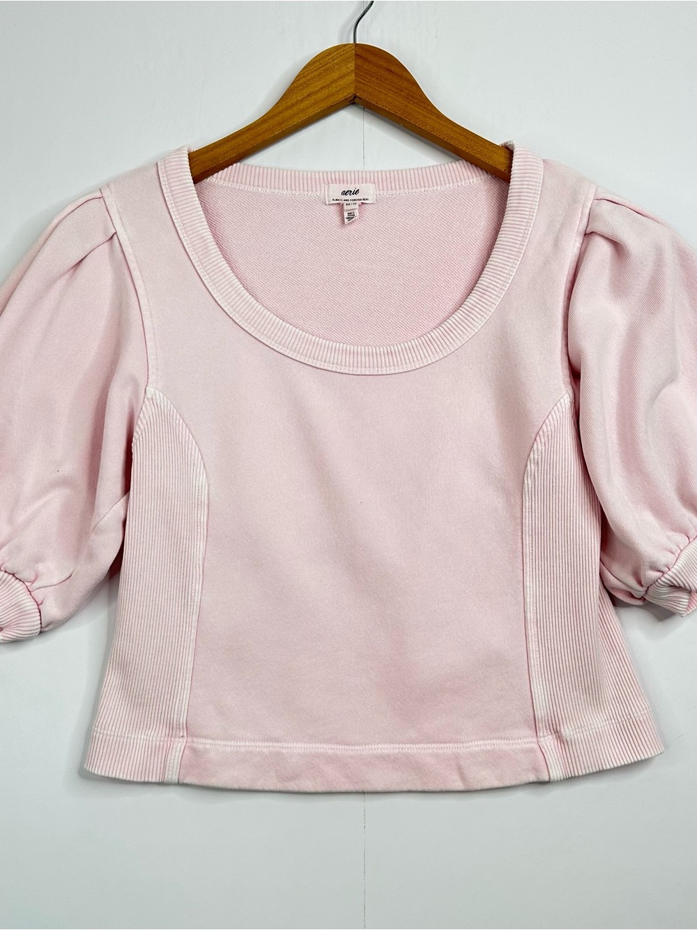 Aerie Seams Right Puff Sleeve Sweater Shirt Top Size Small Pink Cropped Rib Knit